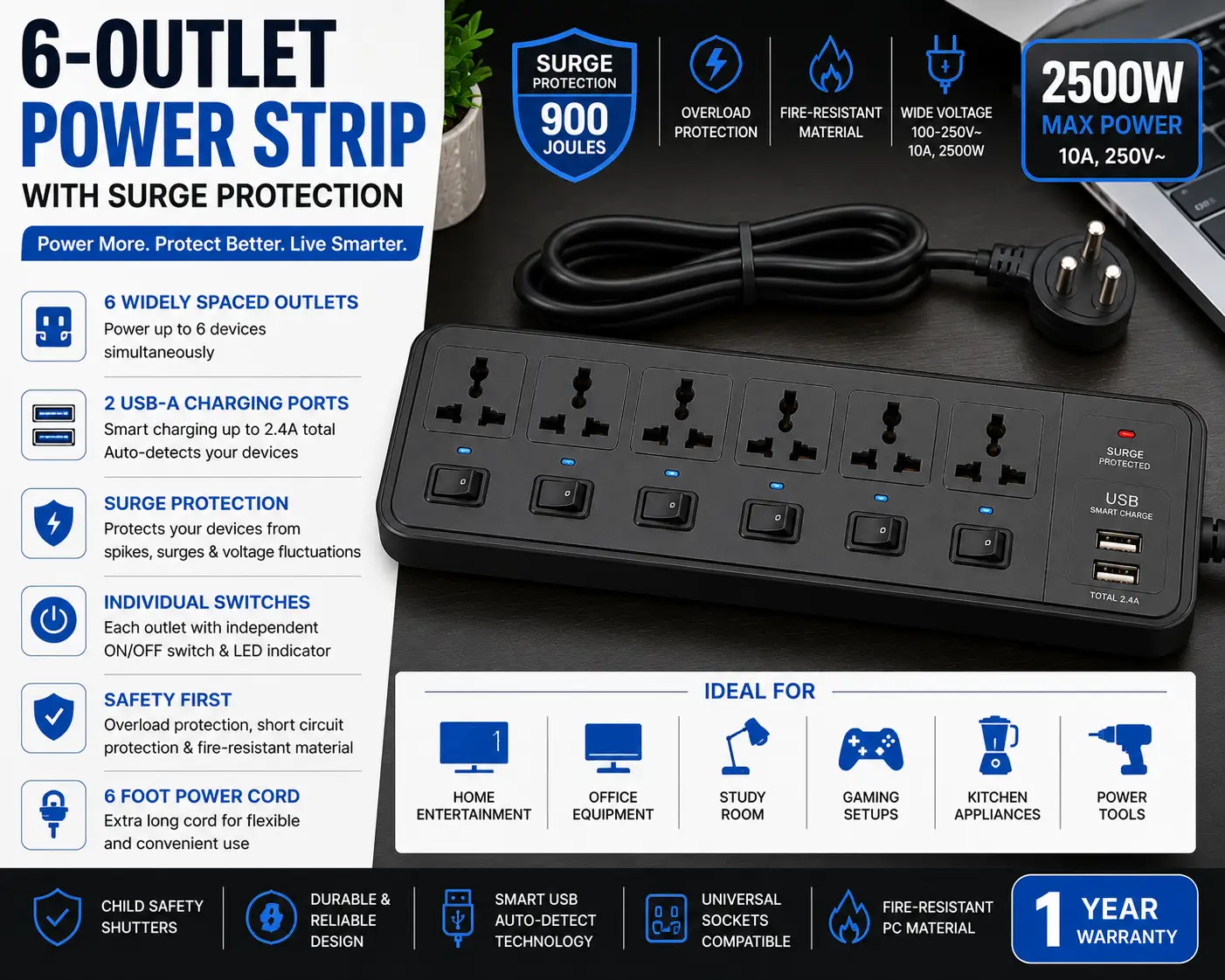 6-Outlet Power Strip with Surge Protection